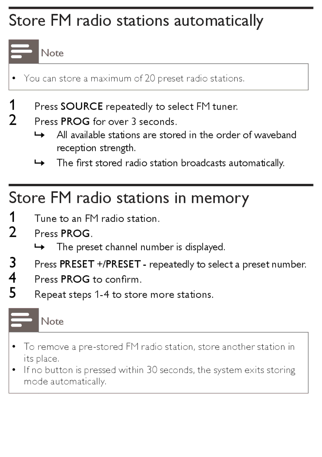 Philips AJB1002/79 user manual Store FM radio stations automatically, Store FM radio stations in memory 