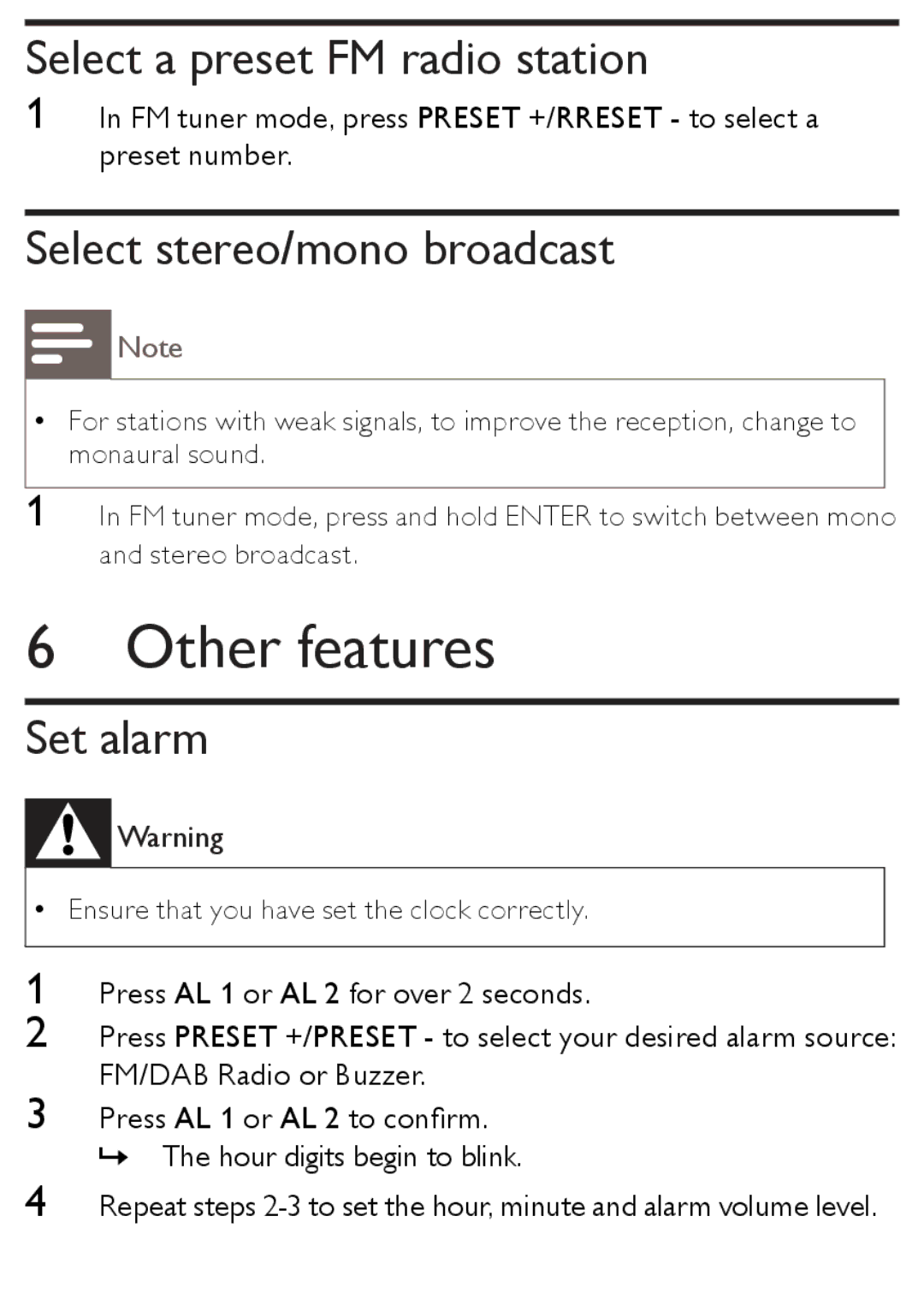 Philips AJB1002/79 user manual Other features, Select a preset FM radio station, Select stereo/mono broadcast, Set alarm 