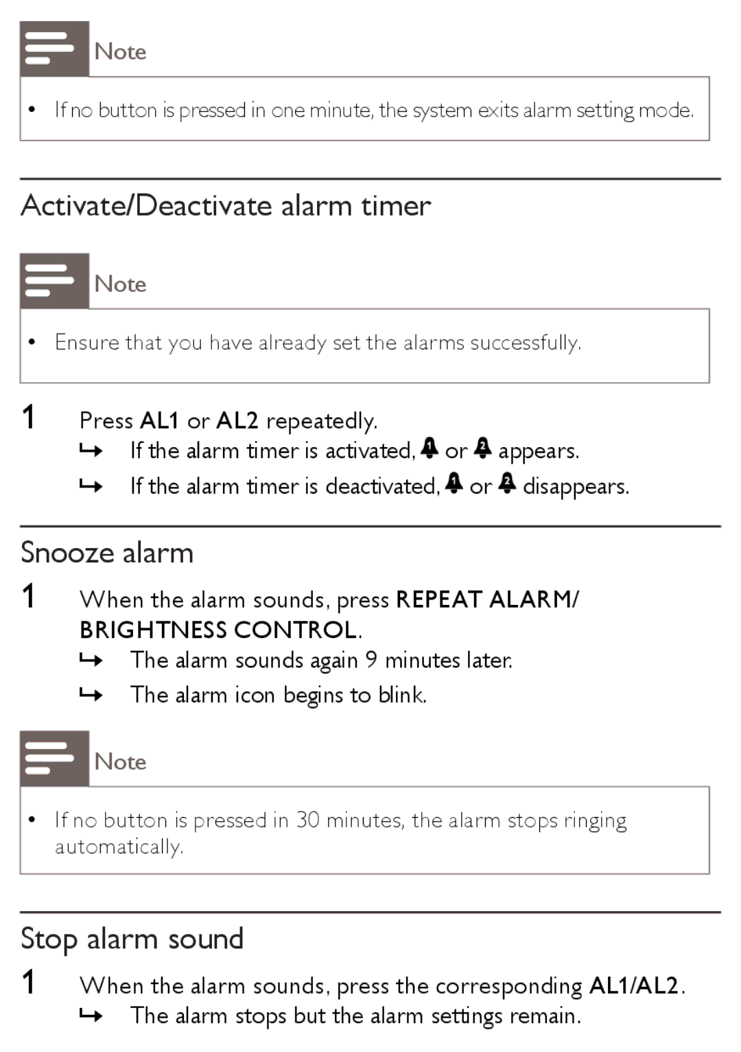 Philips AJB1002/79 user manual Activate/Deactivate alarm timer 