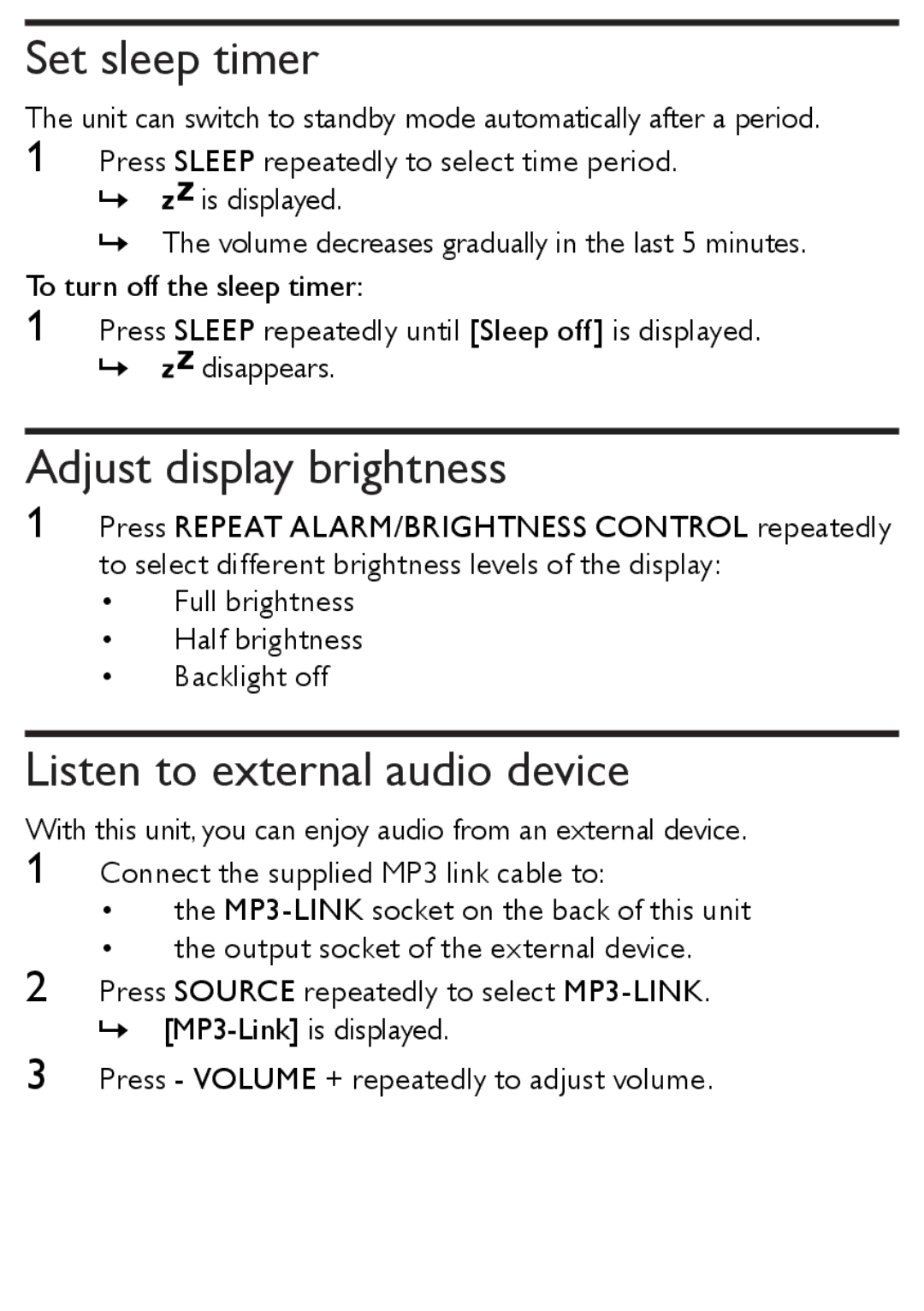 Philips AJB1002/79 user manual Set sleep timer, Adjust display brightness, Listen to external audio device 