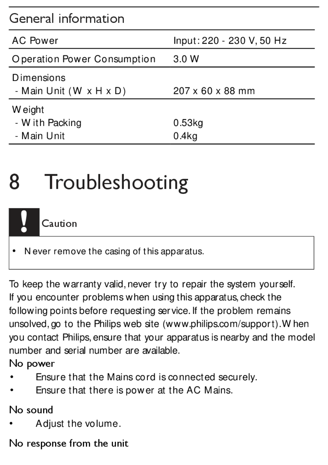 Philips AJB1002/79 user manual Troubleshooting, General information 