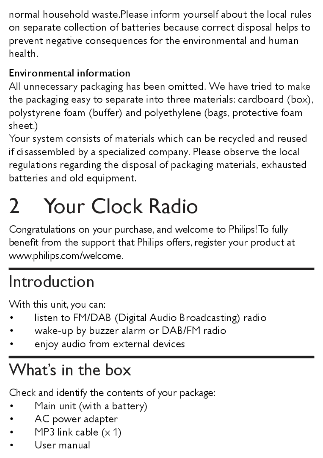 Philips AJB1002/79 user manual Your Clock Radio, Introduction, What’s in the box 