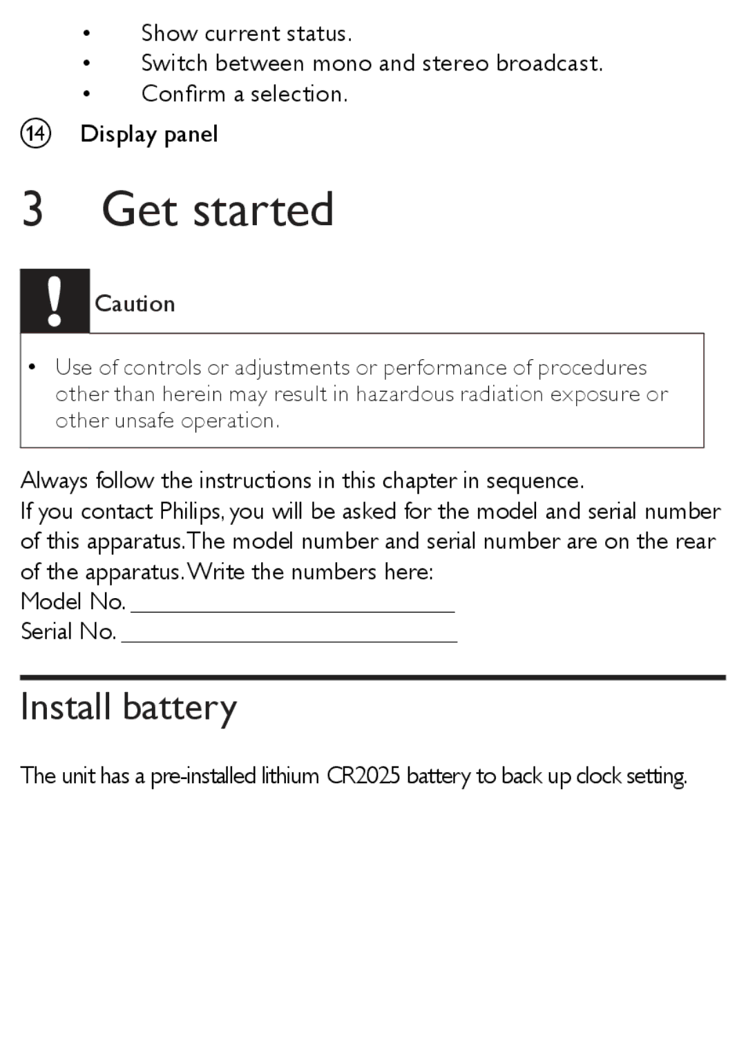 Philips AJB1002/79 user manual Get started, Install battery 