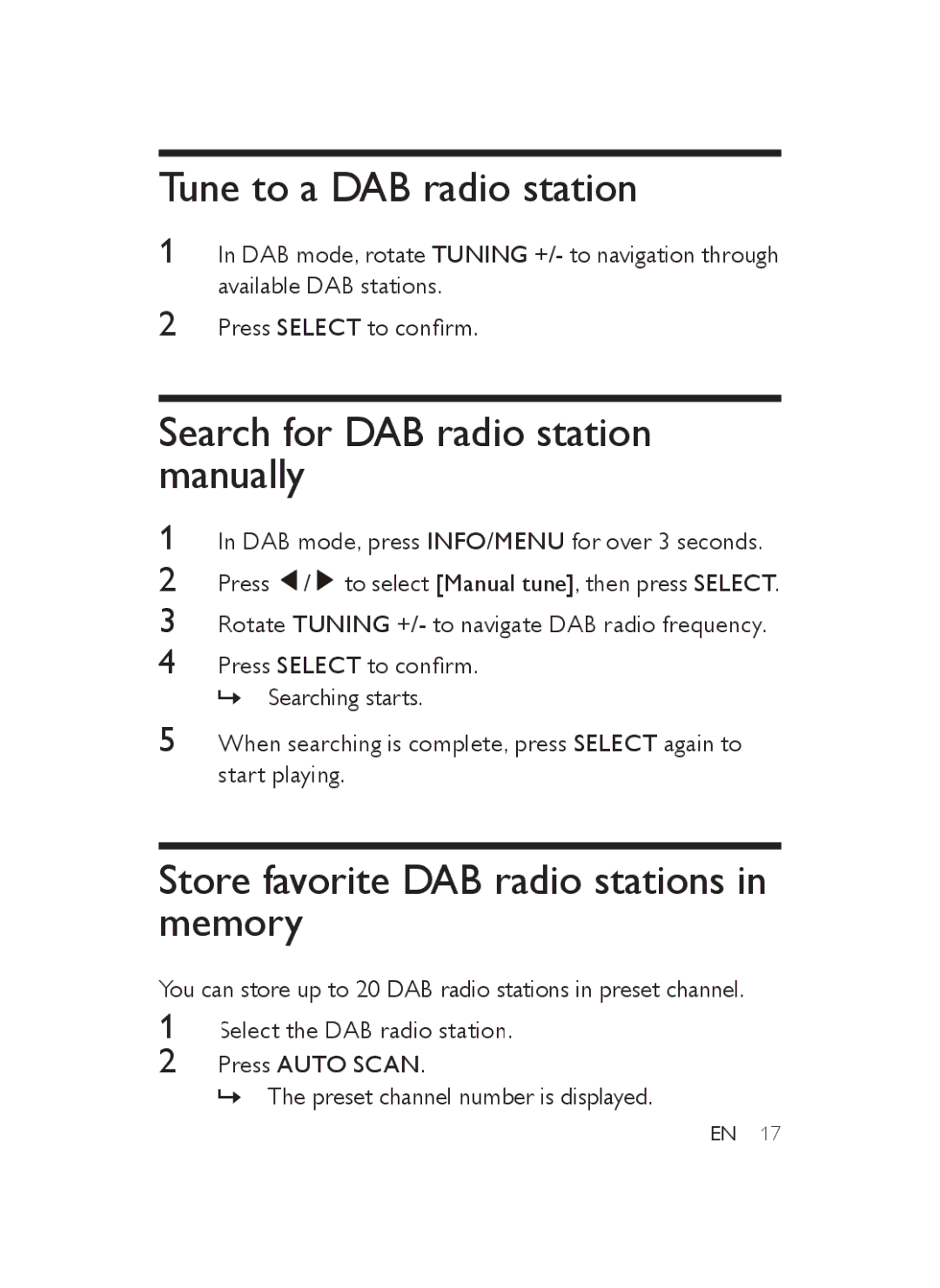 Philips AJB3552/05 user manual Tune to a DAB radio station, Search for DAB radio station manually 