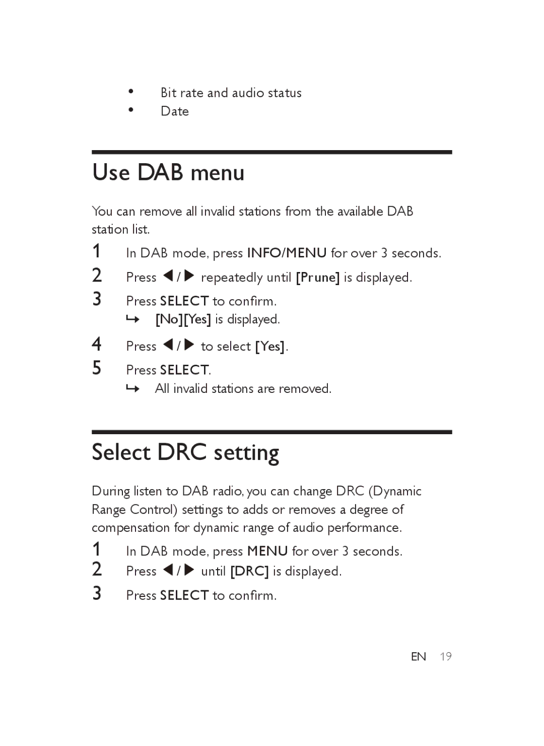 Philips AJB3552/05 user manual Use DAB menu, Select DRC setting 