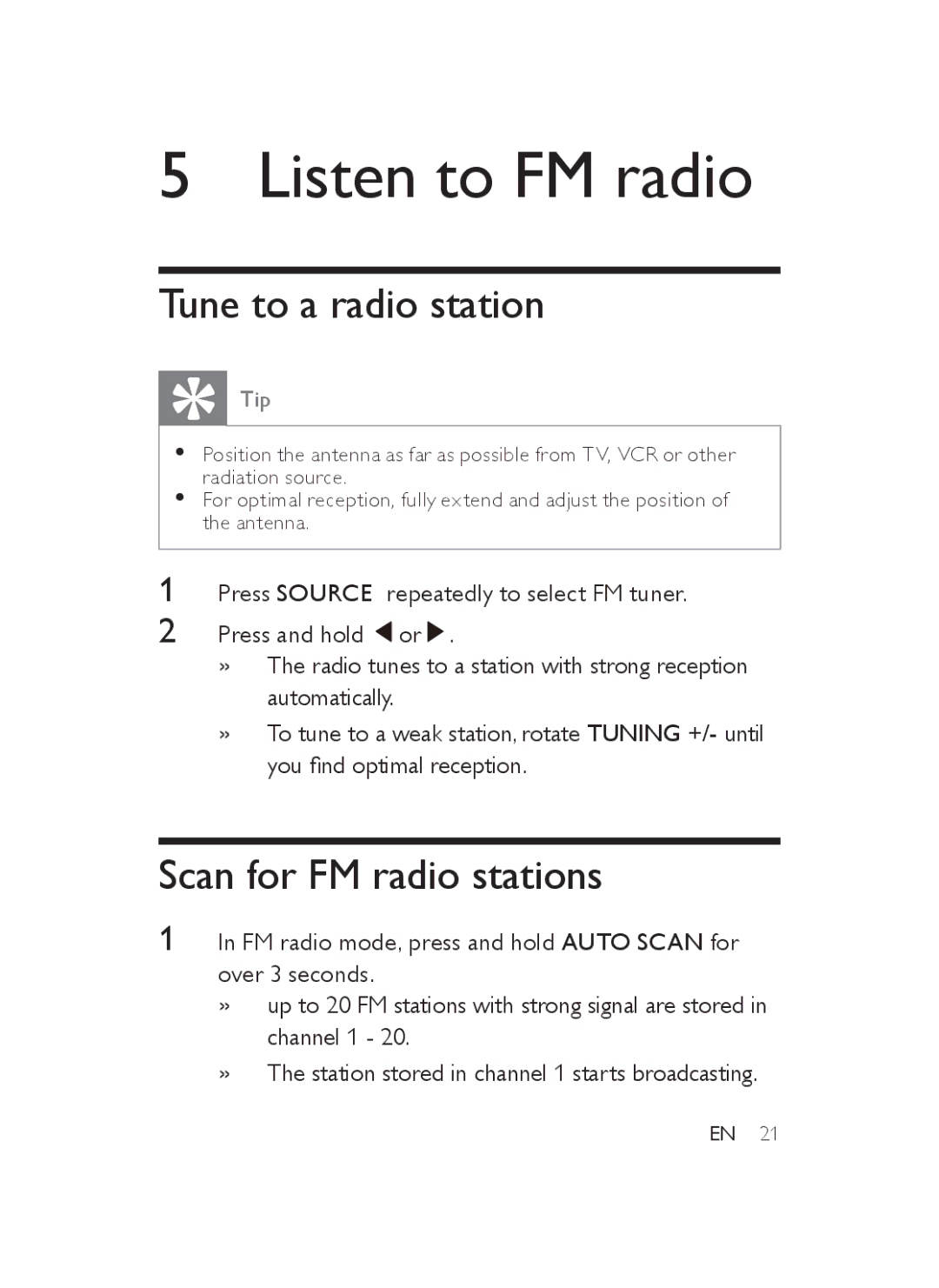 Philips AJB3552/05 user manual Listen to FM radio, Tune to a radio station, Scan for FM radio stations 