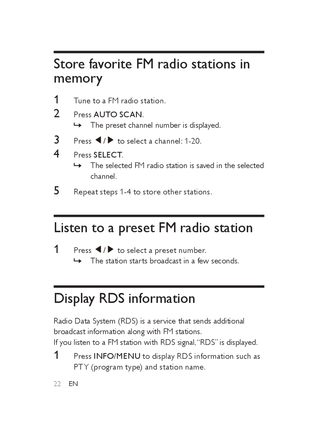 Philips AJB3552 Store favorite FM radio stations in memory, Listen to a preset FM radio station, Display RDS information 