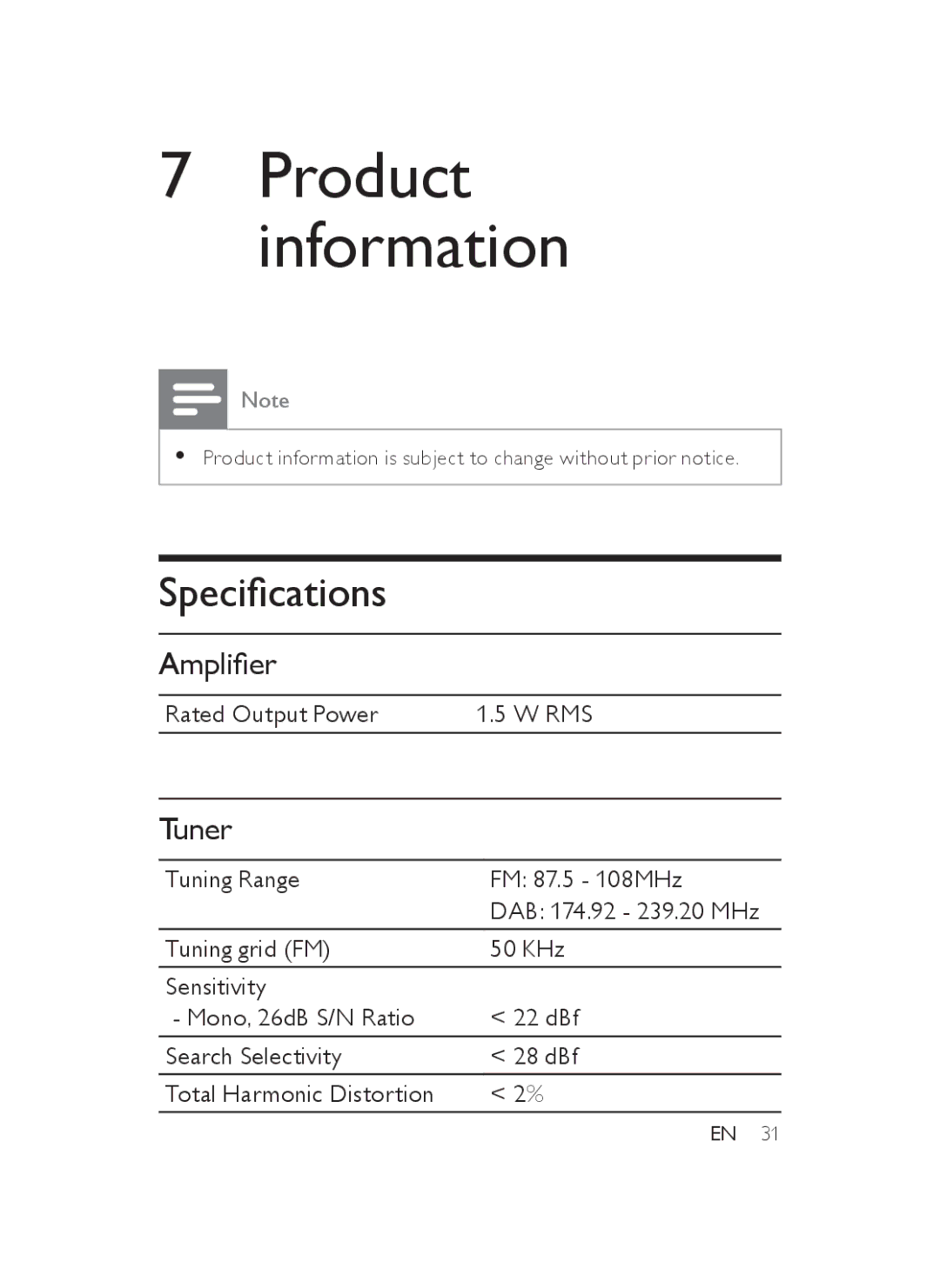 Philips AJB3552/05 user manual Specifications, Amplifier, Tuner 