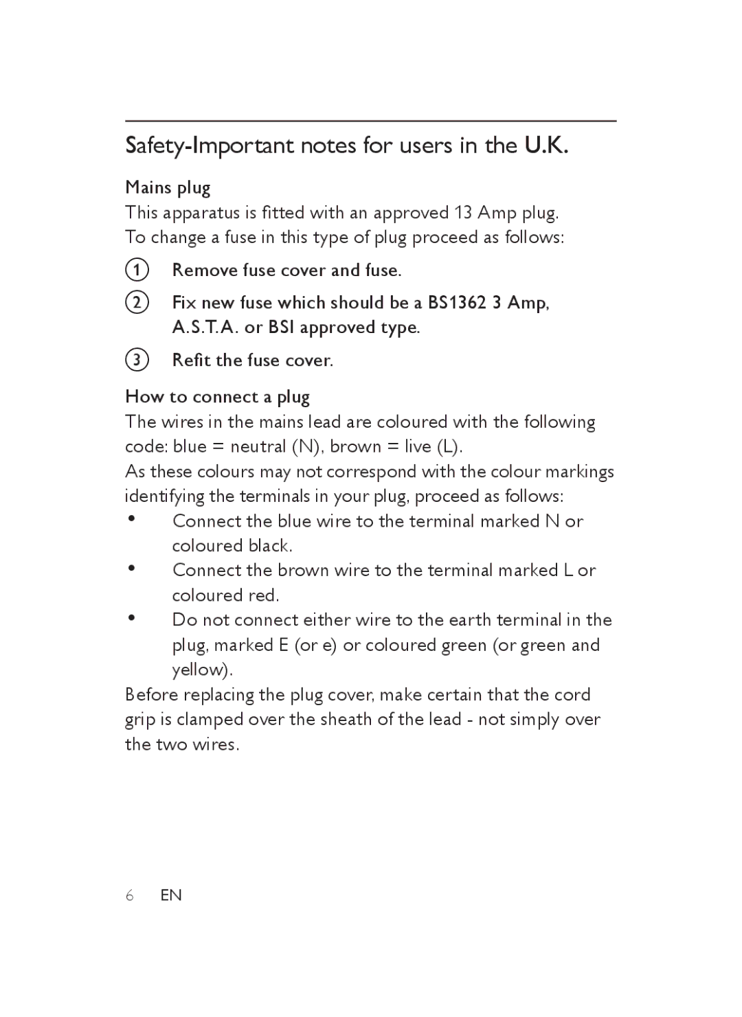 Philips AJB3552/05 user manual Safety-Important notes for users in the U.K, Mains plug 