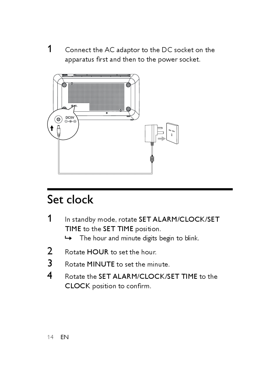 Philips AJB3552/05 user manual Set clock, »» The hour and minute digits begin to blink 