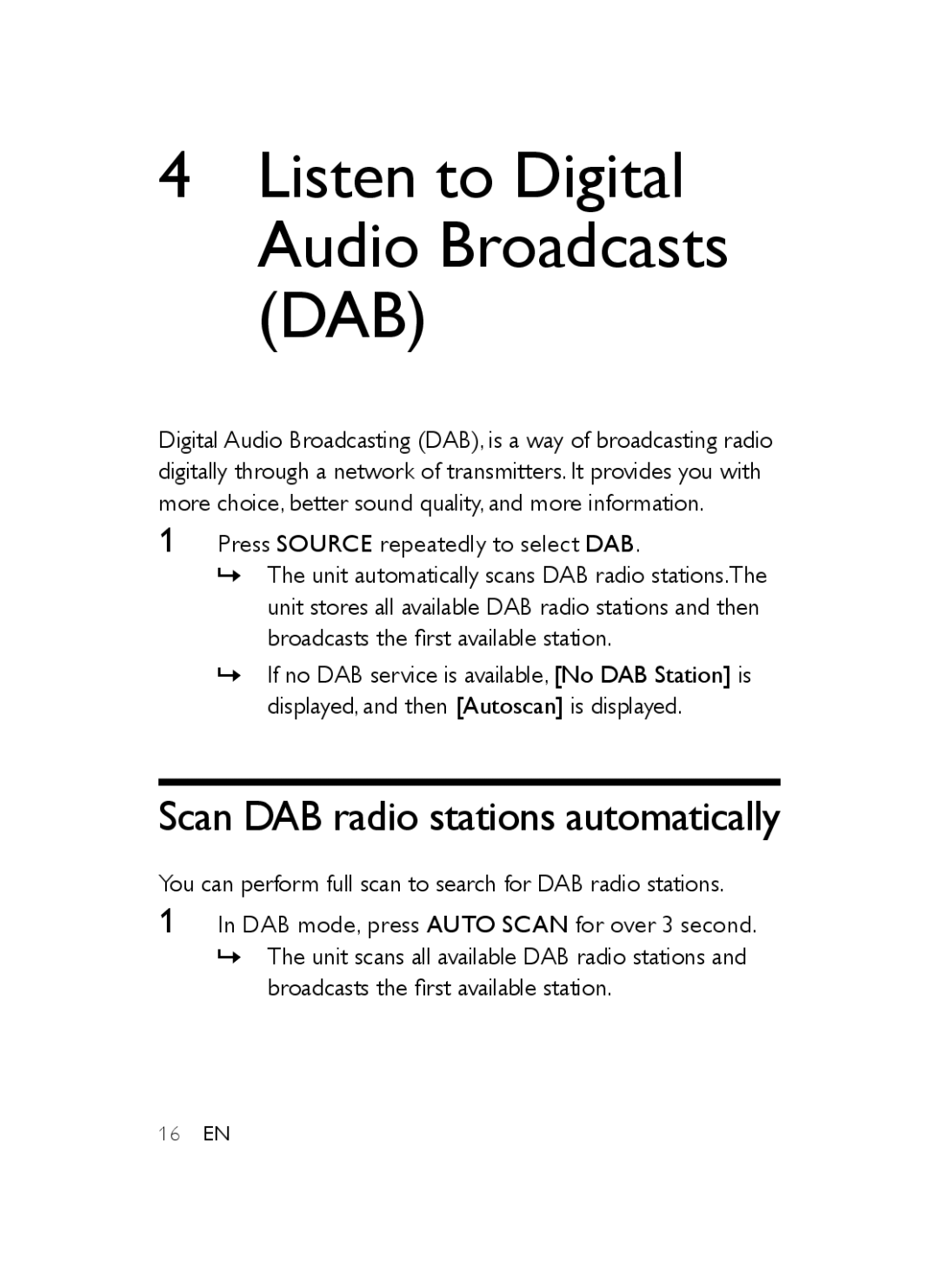 Philips AJB3552/05 user manual Listen to Digital Audio Broadcasts DAB, Scan DAB radio stations automatically 