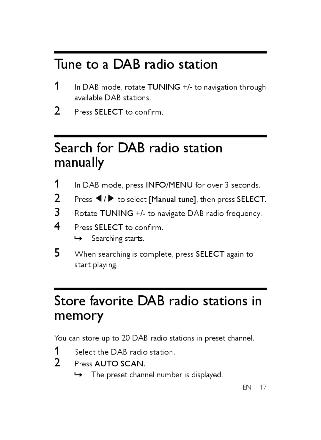 Philips AJB3552/05 user manual Tune to a DAB radio station, Search for DAB radio station manually 