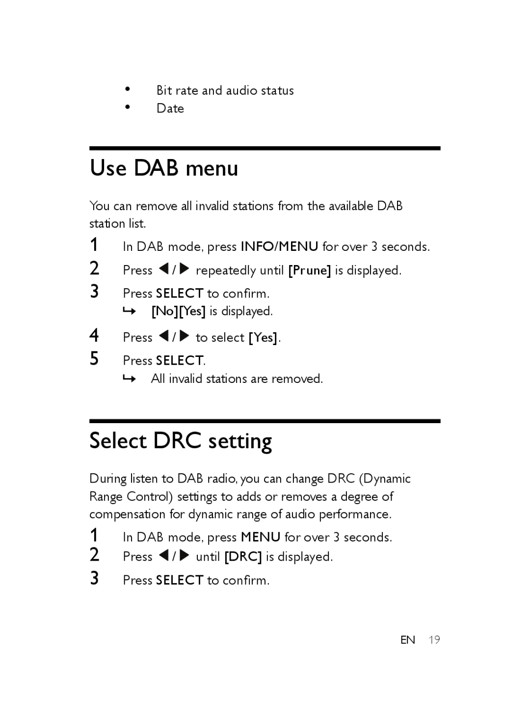 Philips AJB3552/05 user manual Use DAB menu, Select DRC setting 