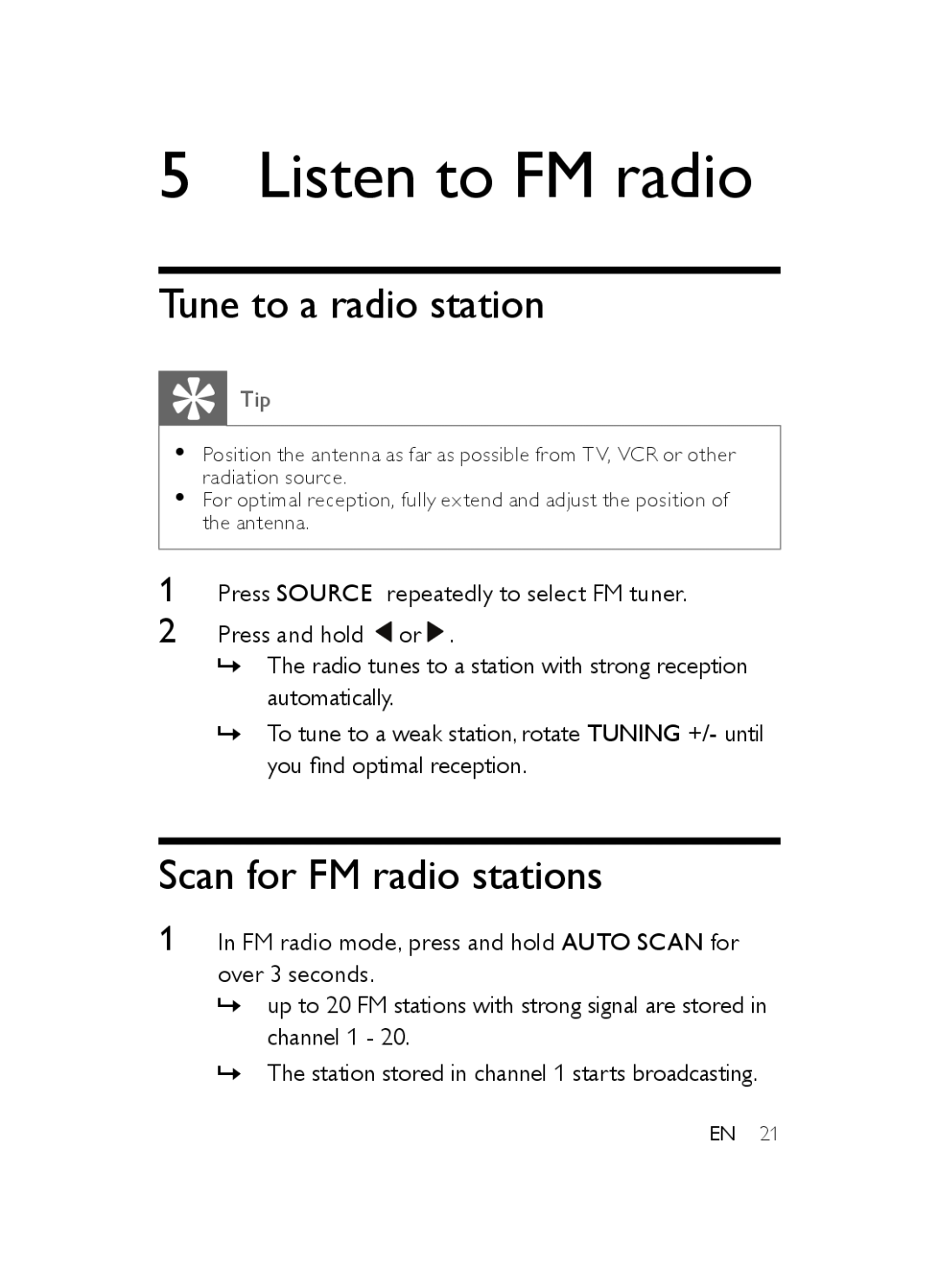 Philips AJB3552/05 user manual Listen to FM radio, Tune to a radio station, Scan for FM radio stations 