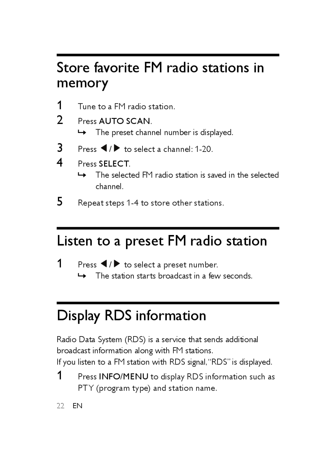 Philips AJB3552 Store favorite FM radio stations in memory, Listen to a preset FM radio station, Display RDS information 