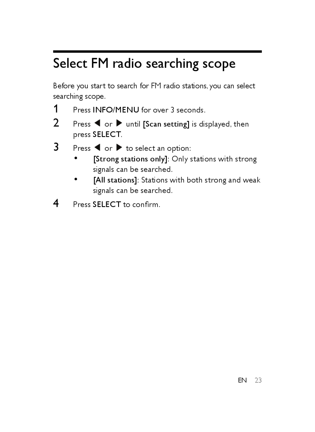Philips AJB3552/05 user manual Select FM radio searching scope 