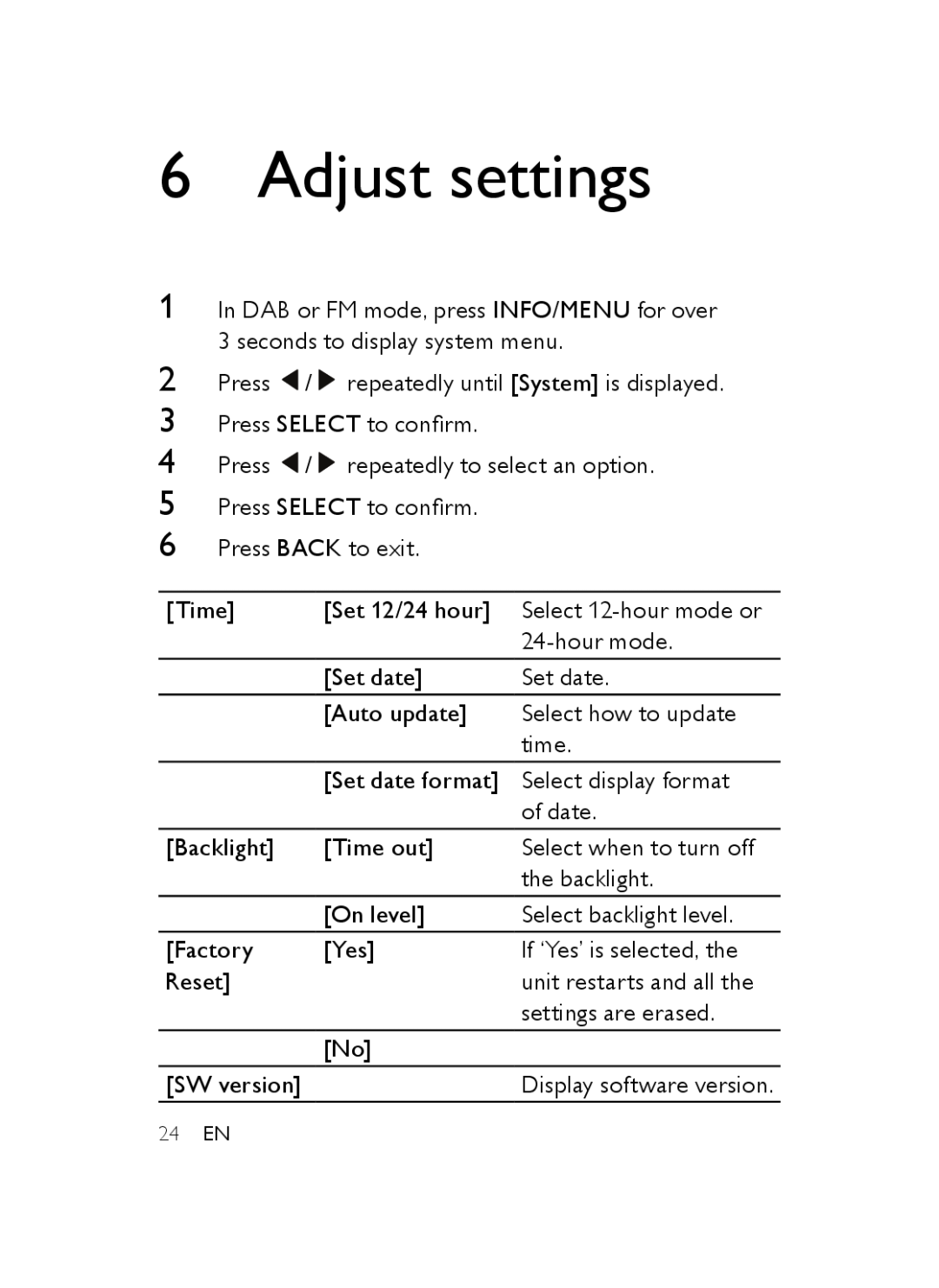 Philips AJB3552/05 user manual Adjust settings, Display software version, 24 EN 
