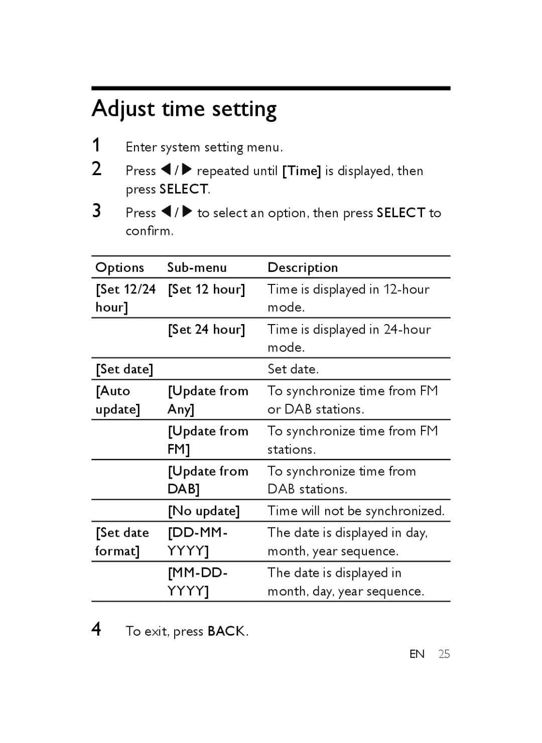 Philips AJB3552/05 user manual Adjust time setting 