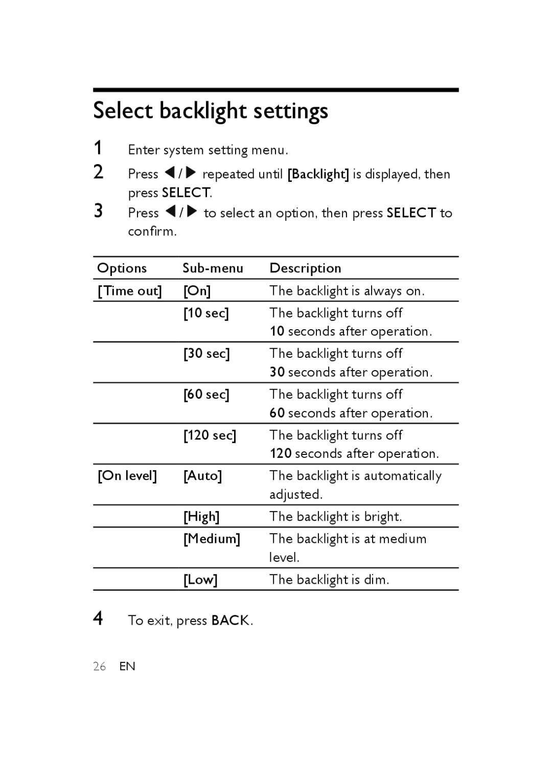 Philips AJB3552/05 user manual Select backlight settings, The backlight is automatically, 26 EN 