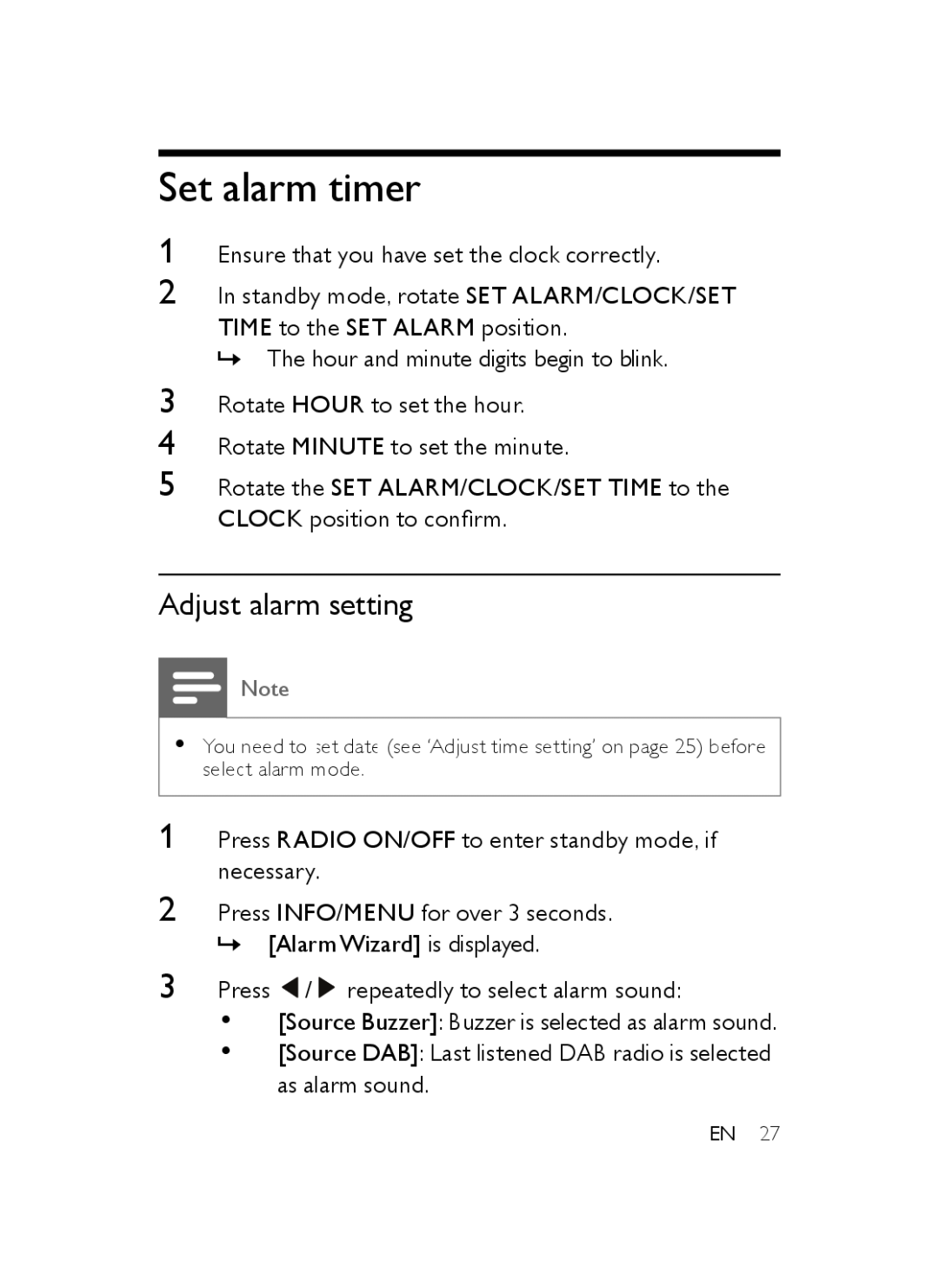 Philips AJB3552/05 user manual Set alarm timer, Adjust alarm setting 