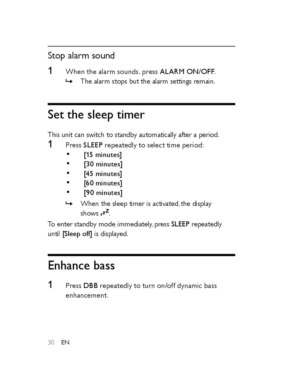 Philips AJB3552/05 user manual Set the sleep timer, Enhance bass, Stop alarm sound 