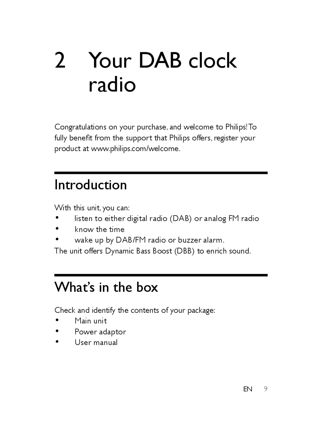 Philips AJB3552/05 user manual Your DAB clock radio, Introduction, What’s in the box 