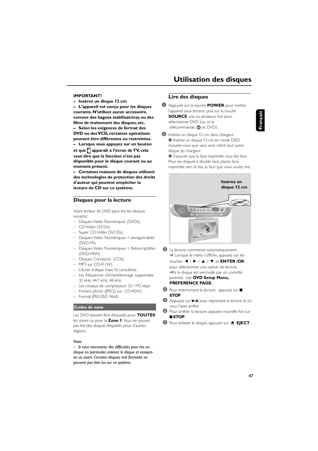 Philips AJL 700 quick start Utilisation des disques, Disques pour la lecture, Lire des disques, Codes de zone, Preference 