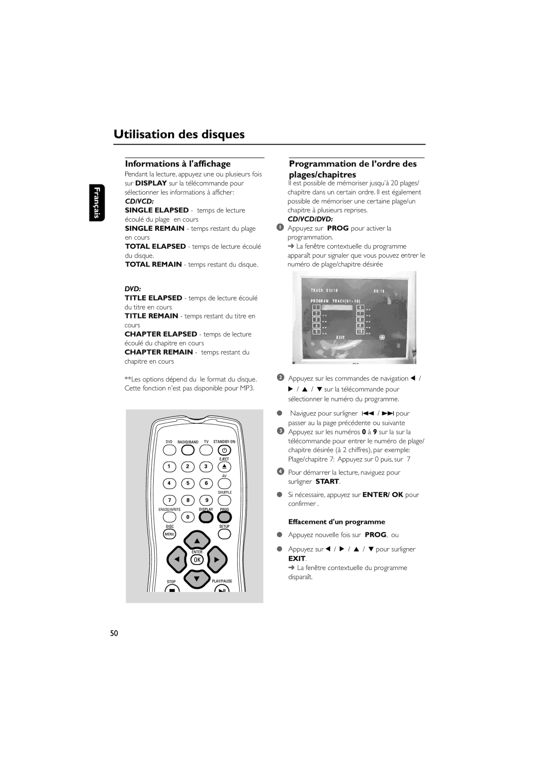 Philips AJL 700 Programmation de l’ordre des plages/chapitres, Single Elapsed temps de lecture ŽcoulŽ du plage en cours 