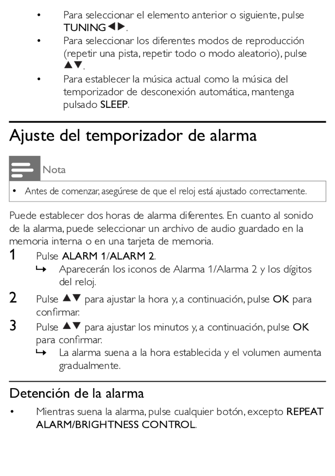 Philips AJL303 quick start Ajuste del temporizador de alarma, Nota 