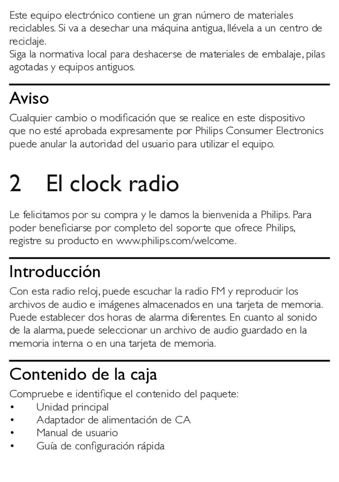 Philips AJL303 quick start El clock radio, Aviso, Introducción, Contenido de la caja 