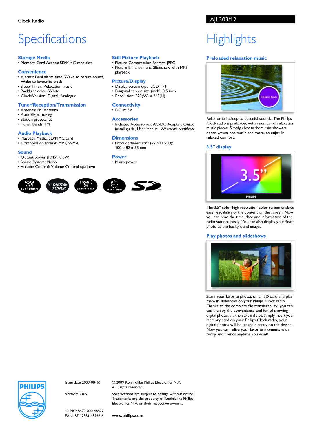 Philips AJL303 manual Specifications, Highlights 