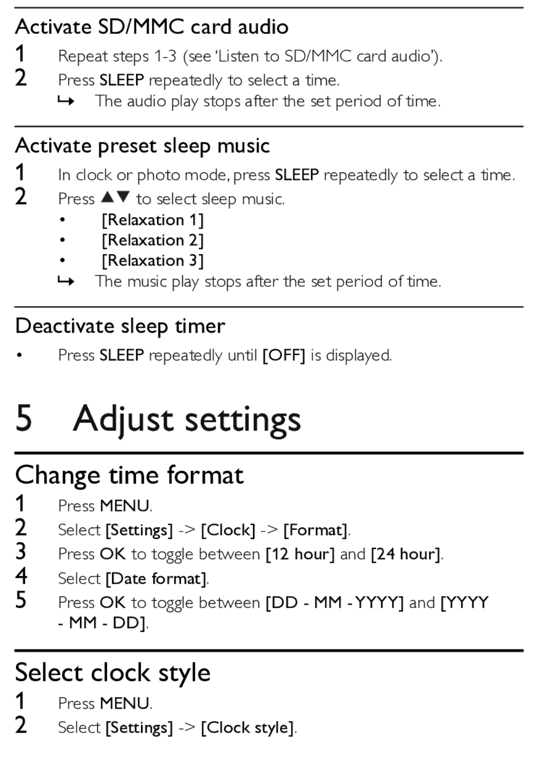 Philips AJL303/12 user manual Adjust settings, Change time format, Select clock style 