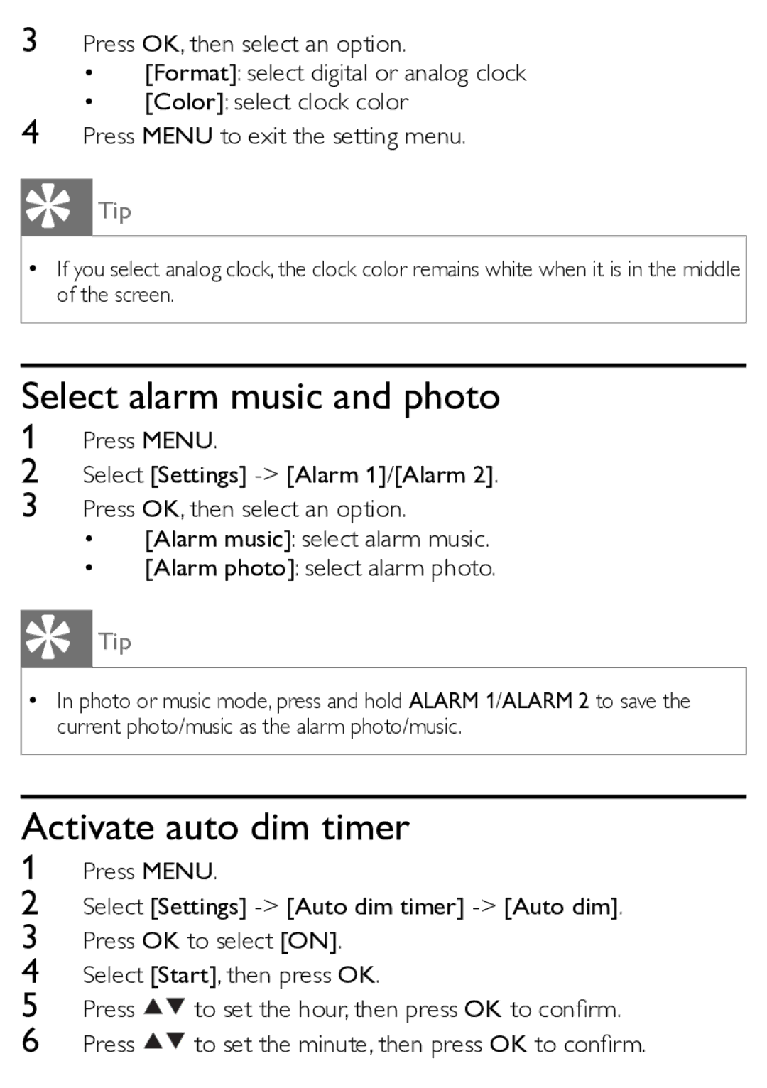 Philips AJL303/12 user manual Select alarm music and photo, Activate auto dim timer 