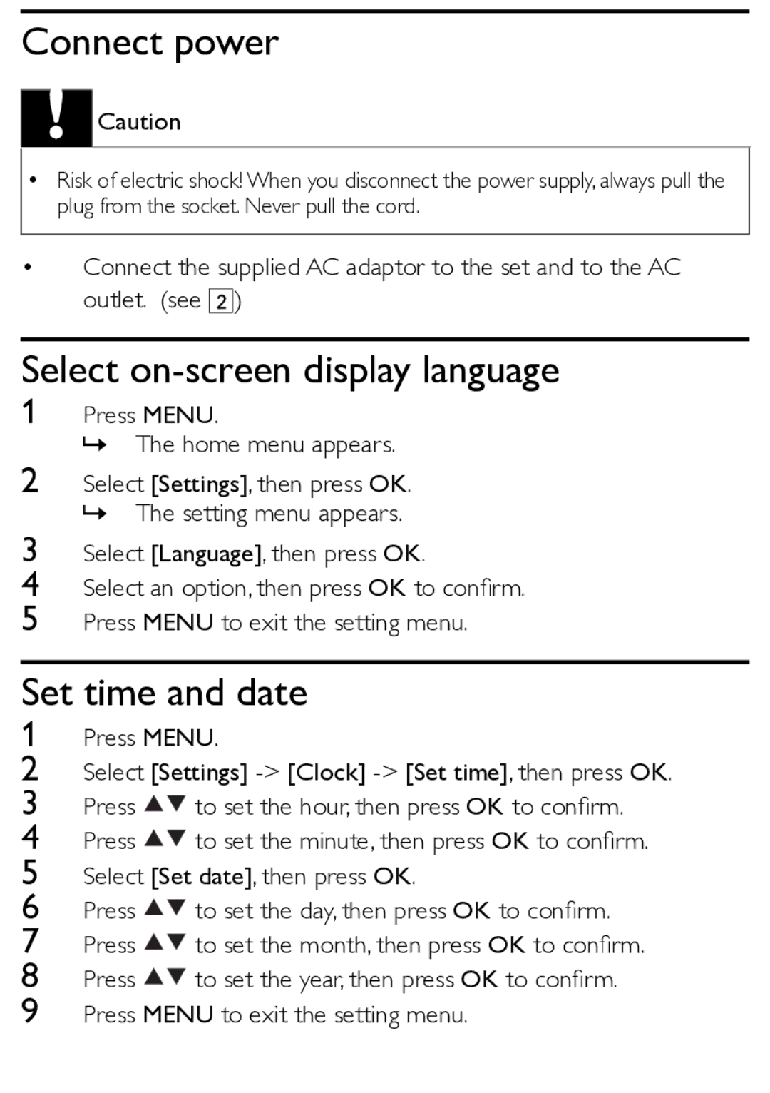 Philips AJL303/12 user manual Connect power, Select on-screen display language, Set time and date 