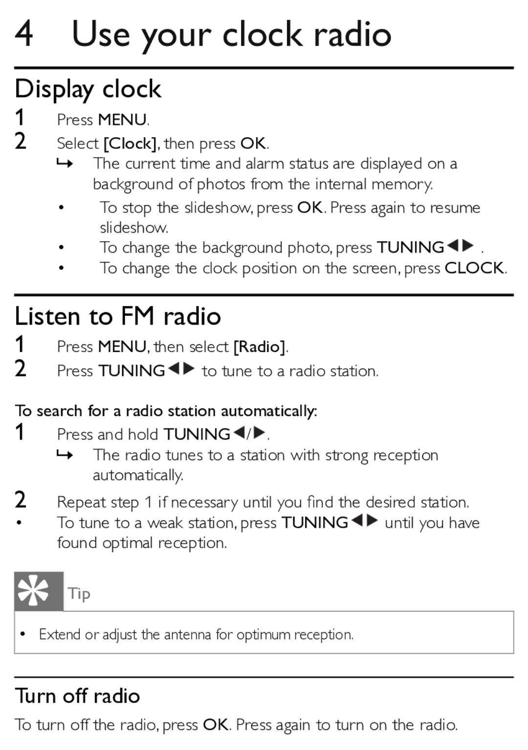 Philips AJL303/12 user manual Use your clock radio, Display clock, Listen to FM radio 