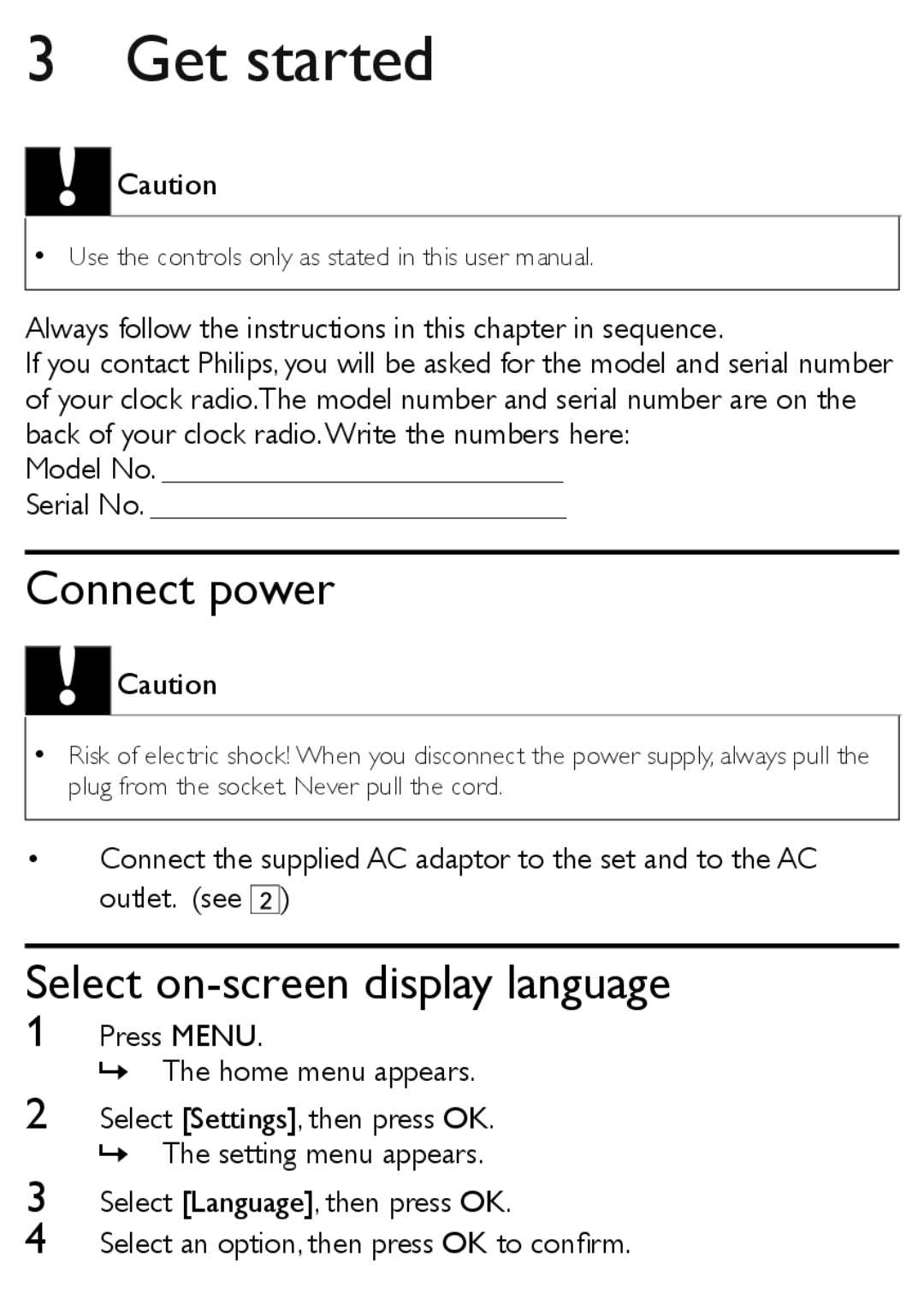 Philips AJL303/37 quick start Get started, Connect power, Select on-screen display language, Model No Serial No 