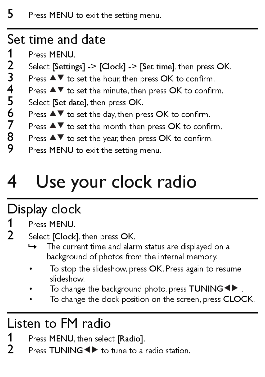 Philips AJL303/37 quick start Use your clock radio, Set time and date, Display clock, Listen to FM radio 