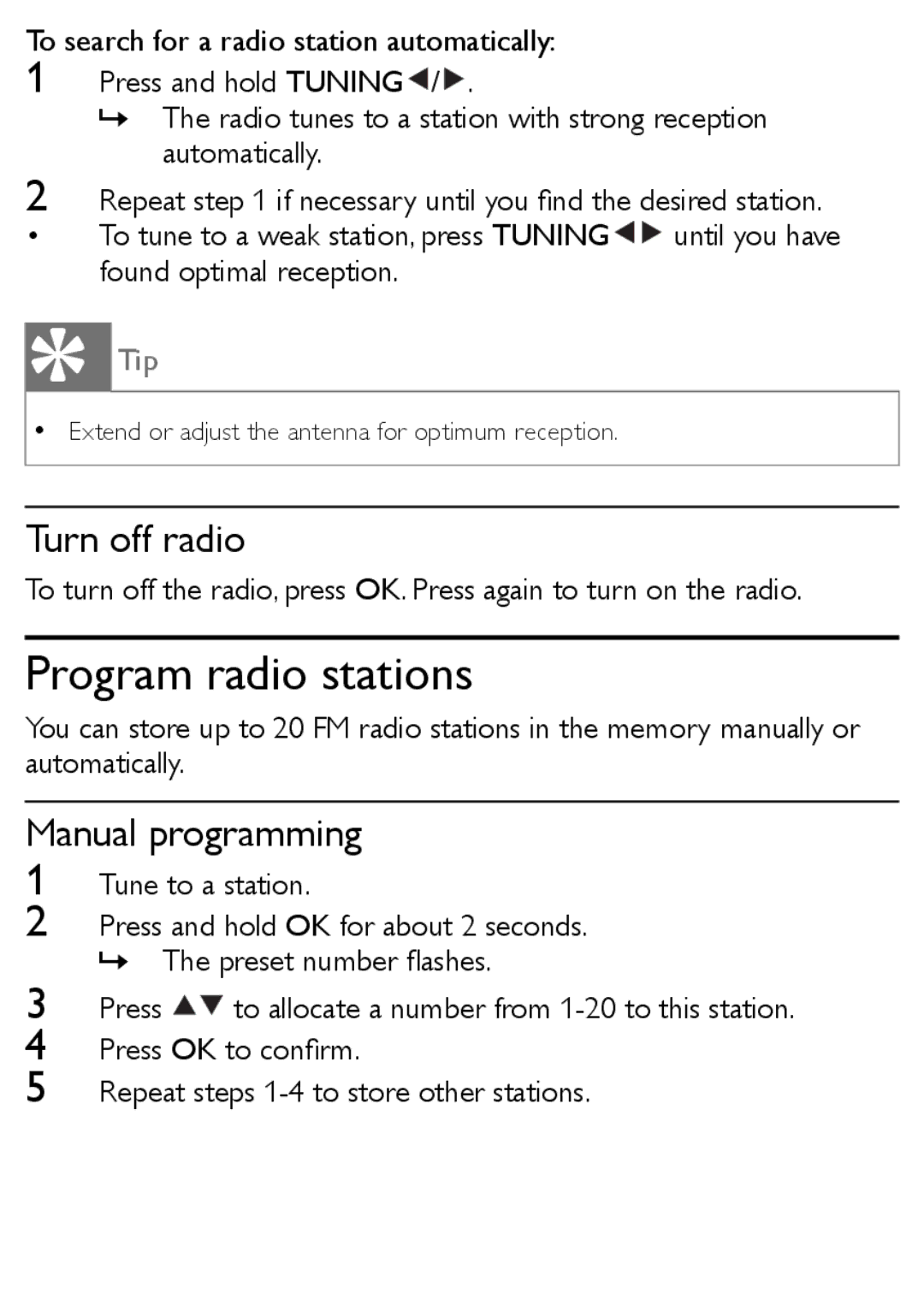 Philips AJL303/37 quick start Program radio stations, Turn off radio, Manual programming 