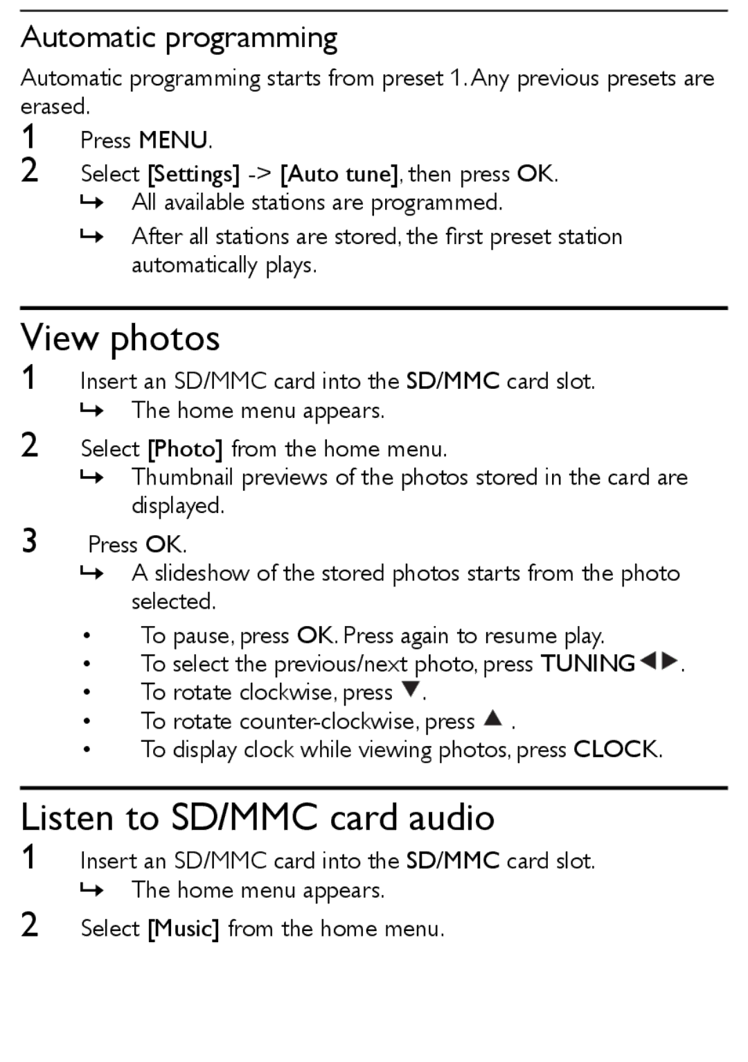 Philips AJL303/37 quick start View photos, Listen to SD/MMC card audio, Automatic programming 