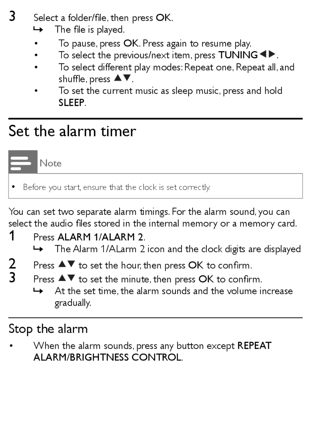 Philips AJL303/37 quick start Set the alarm timer, Stop the alarm, Shufﬂe, press, Press Alarm 1/ALARM 