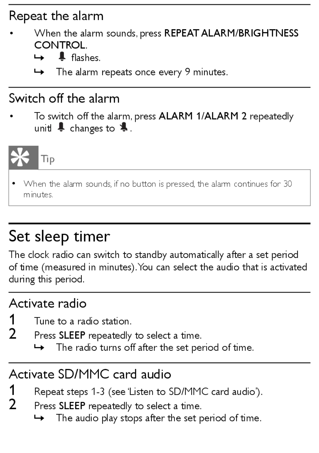 Philips AJL303/37 Set sleep timer, Repeat the alarm, Switch off the alarm, Activate radio, Activate SD/MMC card audio 