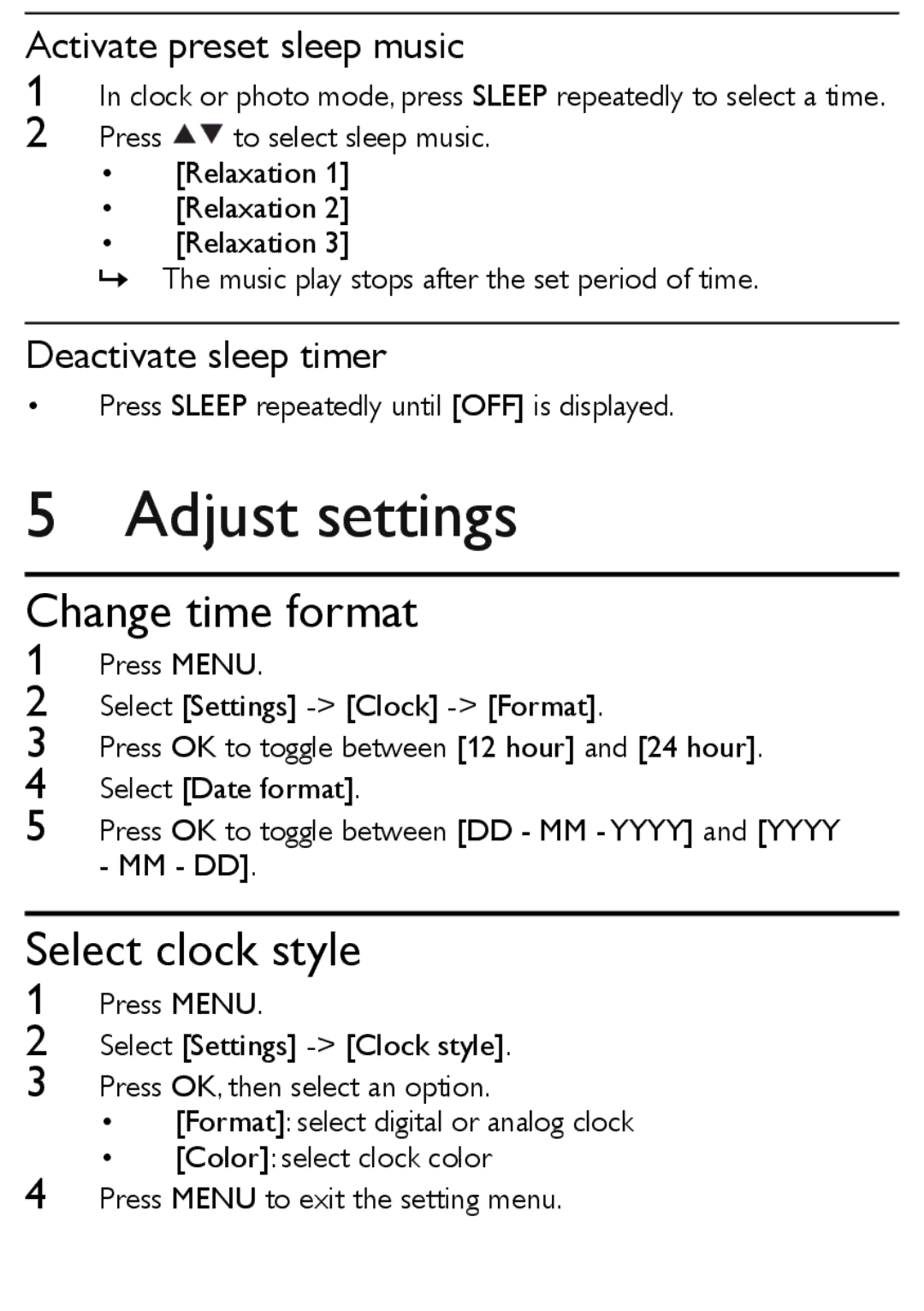 Philips AJL303/37 quick start Adjust settings, Change time format, Select clock style, Activate preset sleep music 