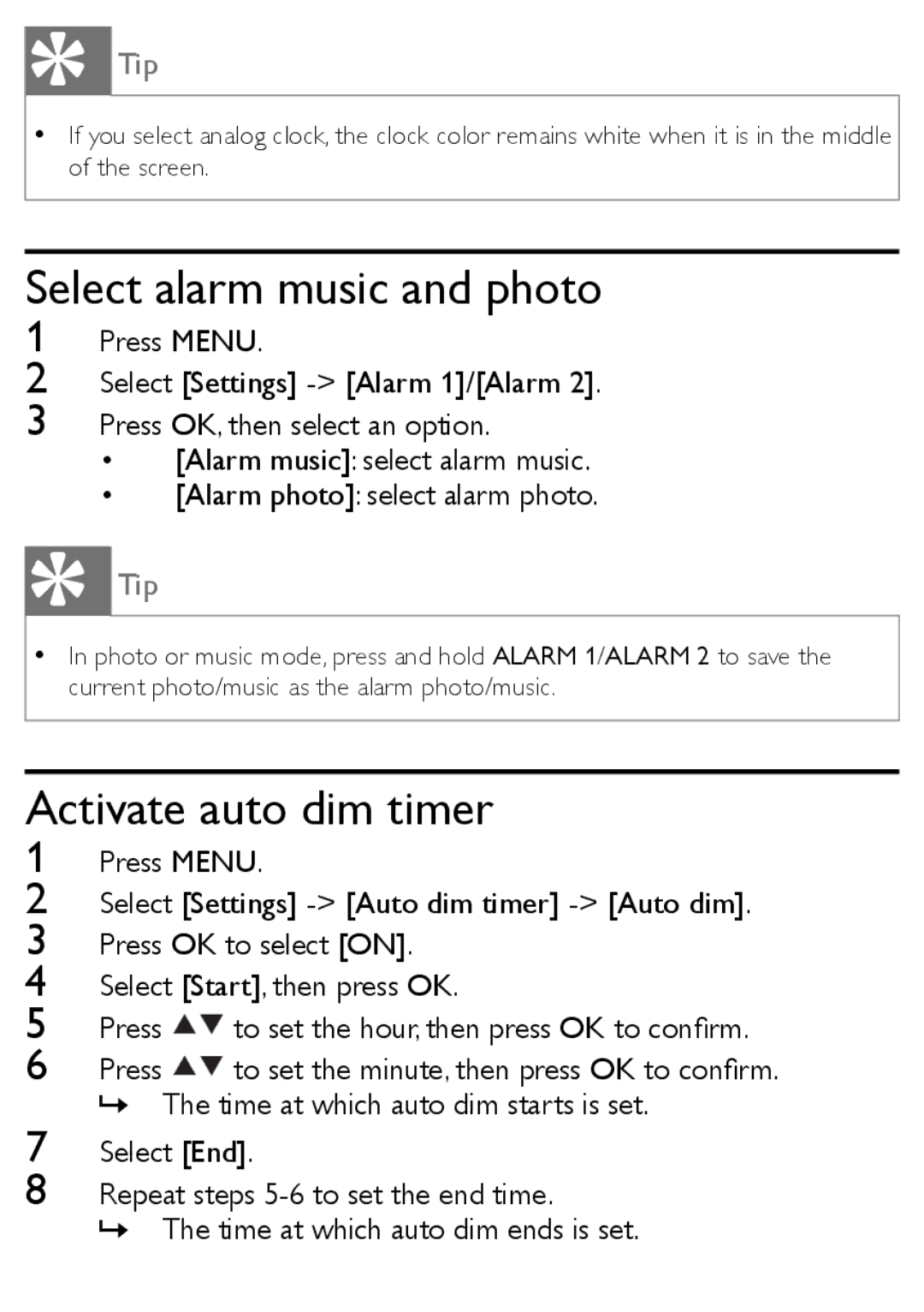 Philips AJL303/37 quick start Select alarm music and photo, Activate auto dim timer 