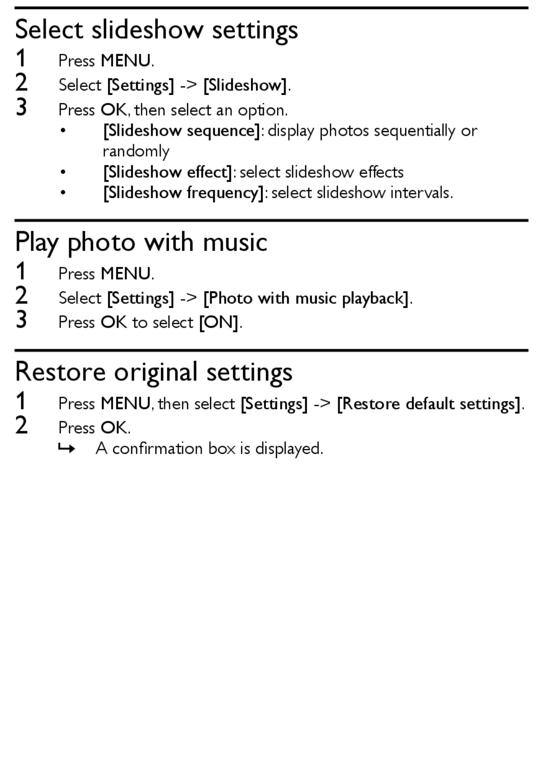 Philips AJL303/37 quick start Select slideshow settings, Play photo with music, Restore original settings 