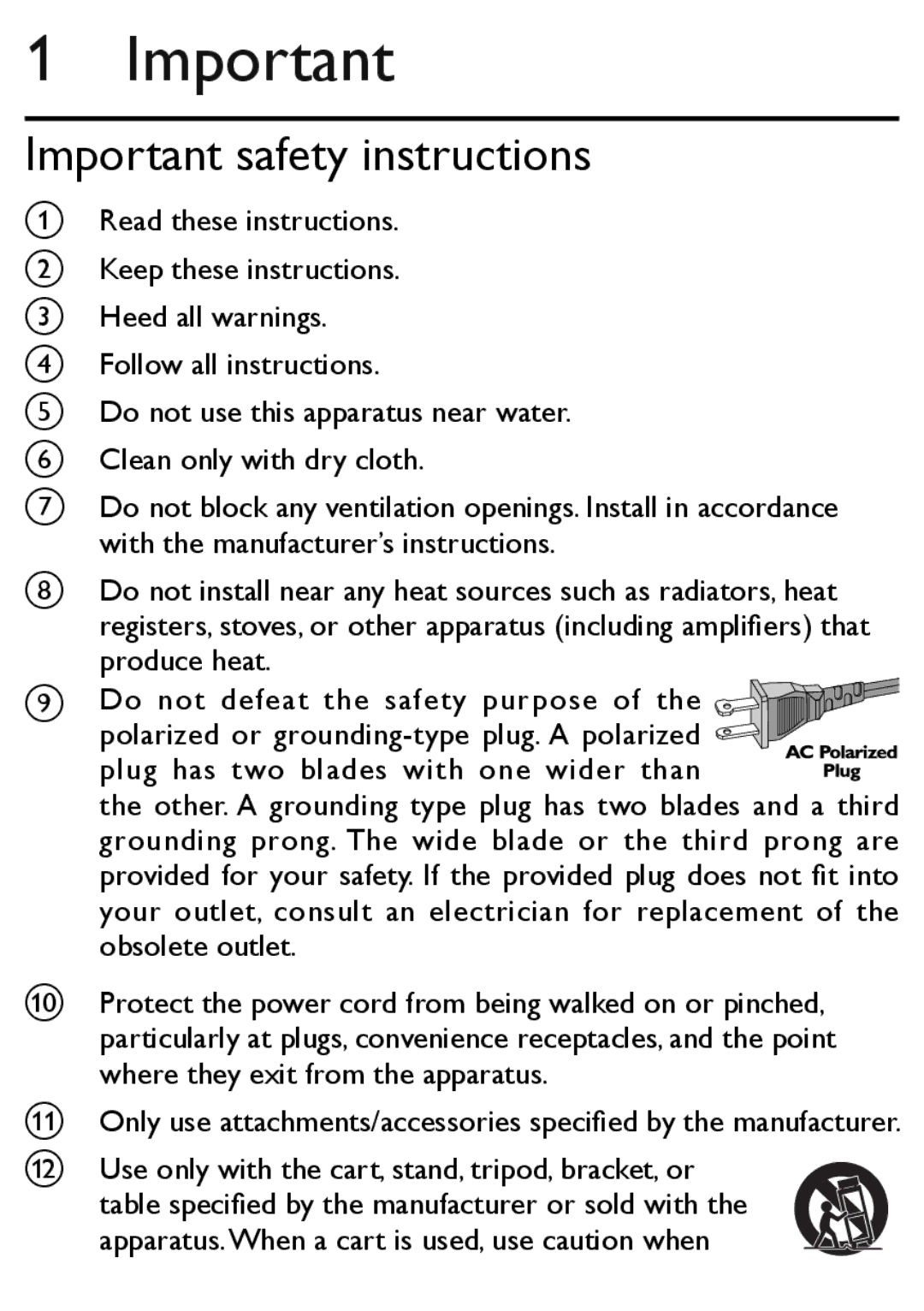 Philips AJL303/37 quick start Important safety instructions, Use only with the cart, stand, tripod, bracket, or 