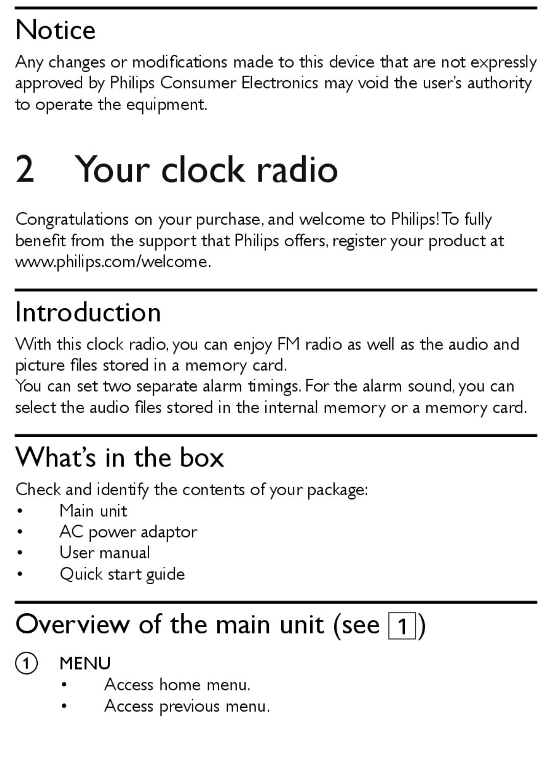 Philips AJL303/37 quick start Your clock radio, Introduction, What’s in the box, Overview of the main unit see 