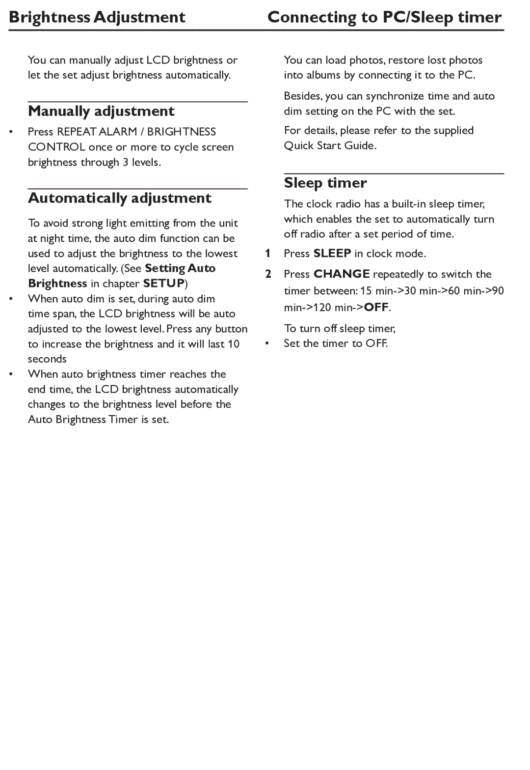 Philips AJL305/12 Brightness Adjustment Connecting to PC/Sleep timer, Manually adjustment, Automatically adjustment 