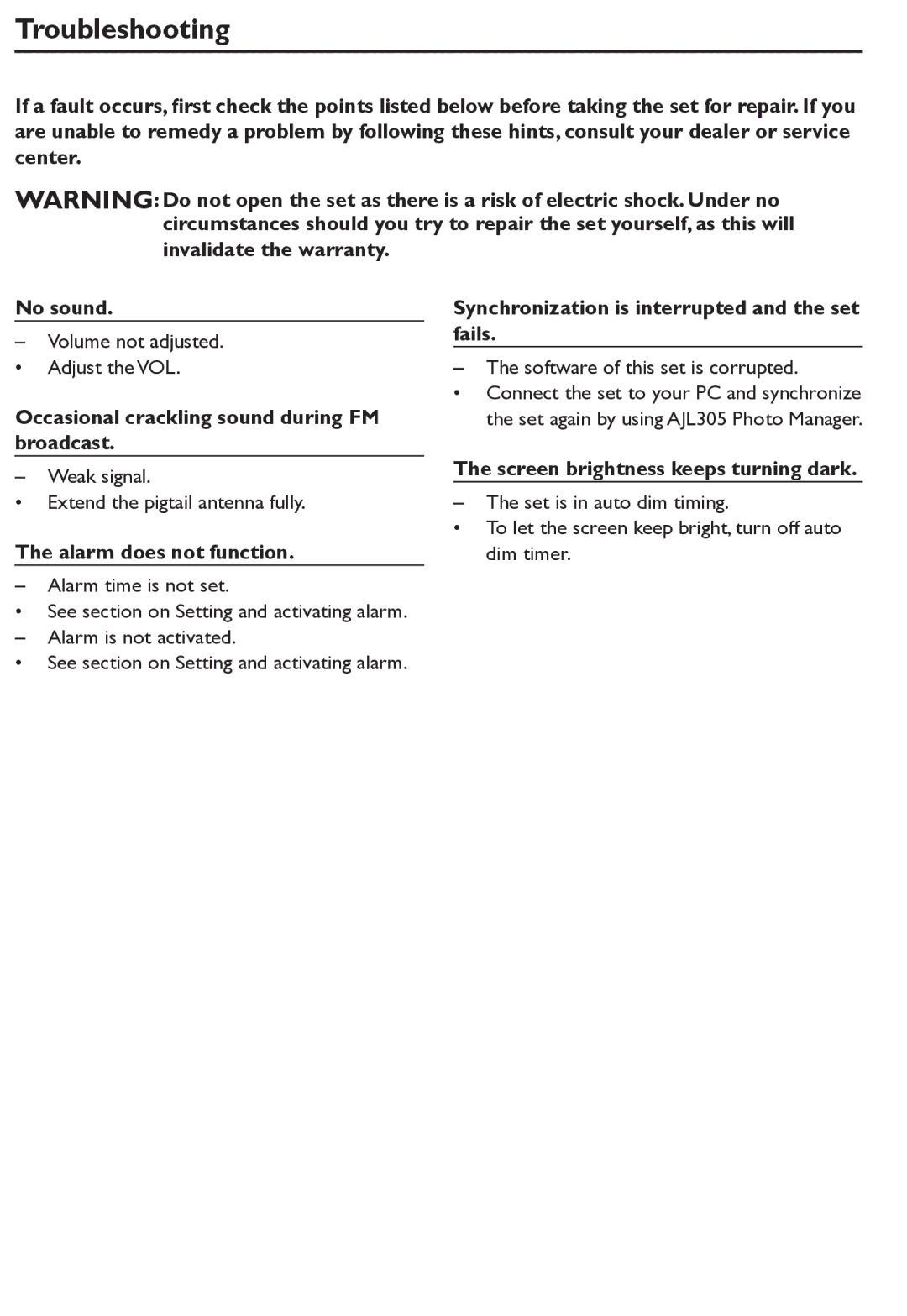 Philips AJL305/12 user manual Troubleshooting, Occasional crackling sound during FM broadcast, Alarm does not function 