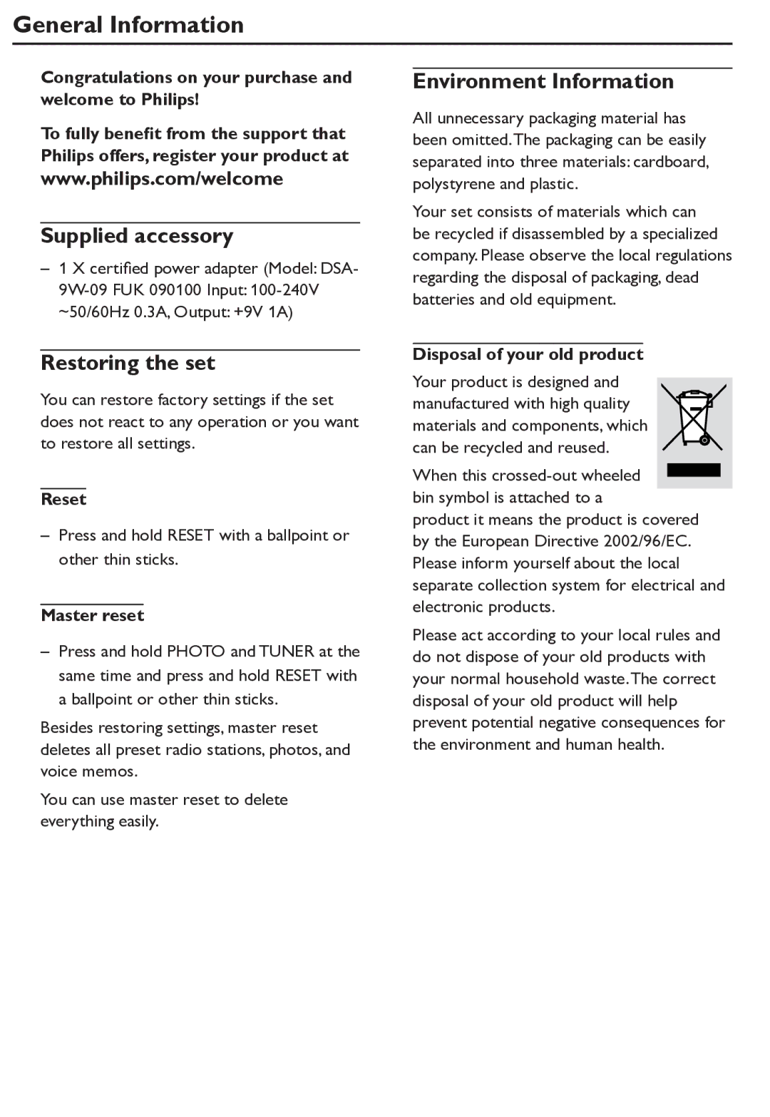 Philips AJL305/12 user manual General Information, Supplied accessory, Restoring the set, Environment Information 