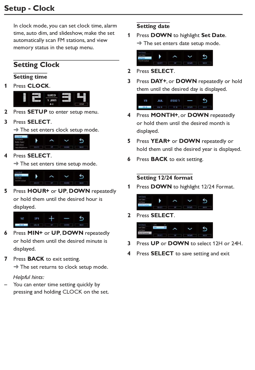 Philips AJL305/12 user manual Setup Clock, Setting Clock, Setting date, Setting time, Setting 12/24 format 